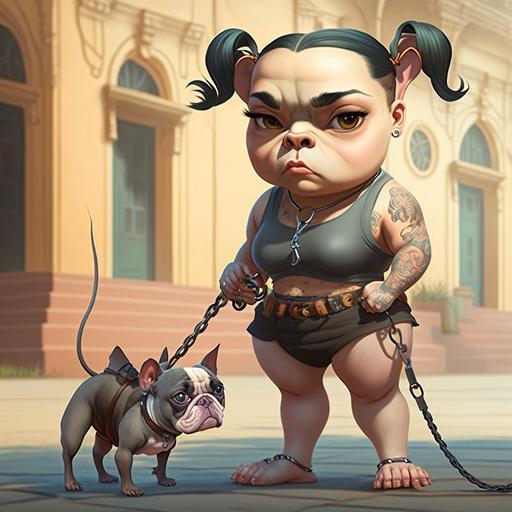 Disney character Exotic American bully, with cartoon girl holding leash
