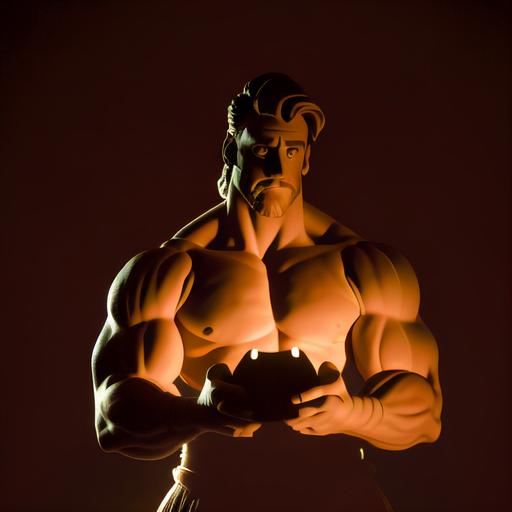 Disney character adult Hercules, dressed in greek amor to match the moive, real person, not cartoon, looking straight into the camera, hands cuped out in front of him with a soft, glowing light emanating from his palms in peach light, uplighting his face. Black background, photo realism. Hands should be touching creating a bowl shape. His gazes should be soft and thoughtful. He should be wearing a costume that matches the animated movie 