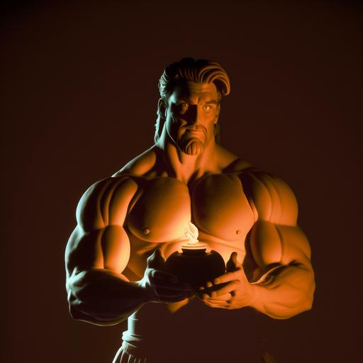 Disney character adult Hercules, dressed in greek amor to match the moive, real person, not cartoon, looking straight into the camera, hands cuped out in front of him with a soft, glowing light emanating from his palms in peach light, uplighting his face. Black background, photo realism. Hands should be touching creating a bowl shape. His gazes should be soft and thoughtful. He should be wearing a costume that matches the animated movie 