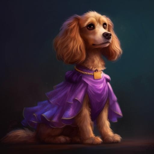 Disney dog princess wearing a purple dress in the style of Pixar animation --q 2 --s 250