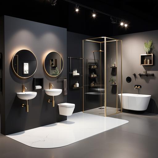 Display Concept: The Midjourney bathroom products showroom aims to create an elegant and functional space for showcasing tapware. The focal point of the showroom is the oval display board for tapware, adorned with a gold metal frame measuring 1800x800mm. This unique design is supported by poles on both ends, seamlessly connecting the board to the floor and ceiling. The oval display board features 10 individual grids to accommodate various tapware products. Oval Display Board: Dimensions: 1800x800mm with a gold metal frame. Structural Support: Poles at both ends to connect the display board securely to the floor and ceiling, creating a floating effect. Grid Layout: Incorporate 10 grids within the oval display board to showcase tapware products. Product Display: Concealed Wall Mixers: Display: Position three concealed wall mixers within the first section of the display board. Arrangement: Place them evenly spaced to ensure visibility and easy comparison. Concealed Wall Mixers with Diverter: Display: Position two concealed wall mixers with diverter in the second section of the display board. Layout: Arrange them side by side, allowing customers to observe the differences. Basin Mixers (3 Variations): Display: Three shelves dedicated to displaying basin mixers in three different colors. Placement: Ensure ample spacing between each shelf for a clean and organized look. Tall Basin Mixers: Display: Designate an area for showcasing tall basin mixers. Positioning: Place them in a way that highlights their height and elegance. Kitchen Mixers: Display: Allocate space for exhibiting various kitchen mixer models. Arrangement: Position the kitchen mixers in a manner that allows customers to explore their features.