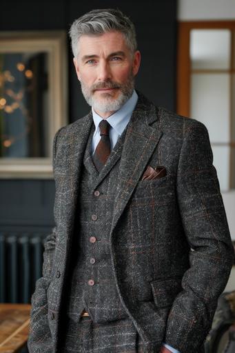 Distinguished gentleman in his late 50s, slightly grey beard, slim with blue eyes. He wears a tailored made suit, shirt and tie of the follow characteristics:(1) The collar hugs the neck; (2) Lapels end about halfway from collar to shoulder bone; (3) trousers well-proportioned for his coat such that the coat's lines flow into the trousers, making the outfit a coherent whole. There is a single break on his trousers. Black polished shoes and the tie knot is small V shaped. Dark grey fabric of the trousers and coat. The gentleman stands next to an oak dinner table, well-lit photography, a slight smirk on his face as he greets us. --ar 2:3 --c 10
