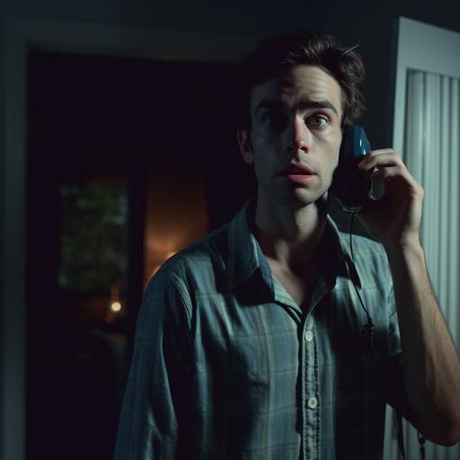 Distressed 30 year old man on a cell phone call at night in his home, mad that he's still on hold with automative voice machine, look of annoyance on face, wide shot 16:9, HD, Realism --s 750