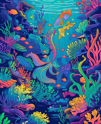 Dive into an underwater utopia, discovering a world filled with mermaids, seahorses, and vibrant coral gardens. cartoon style, thick lines, vivid color --ar 9:11
