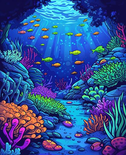 Dive into the deep blue sea, discovering marine life, coral reefs, and the wonders of the ocean floor. cartoon style, thick lines, vivid color --ar 9:11