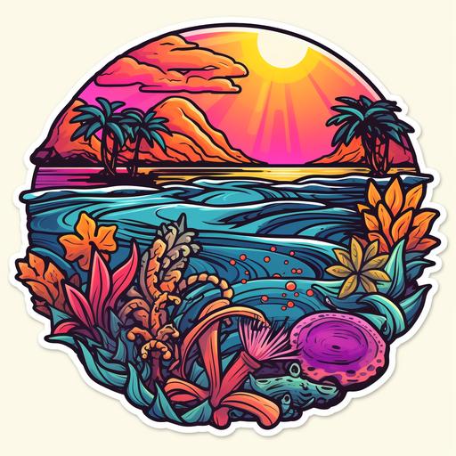 Diverse caribbean coral reef logo, pop art style, flat colors, flat background, octopus, Brain coral, fishes, palm trees above the water, tropical flowers, sunset, clear water, detailed, pink, brigth colors, black outline, sticker style, no shadow, 8k detail, --v 5.2