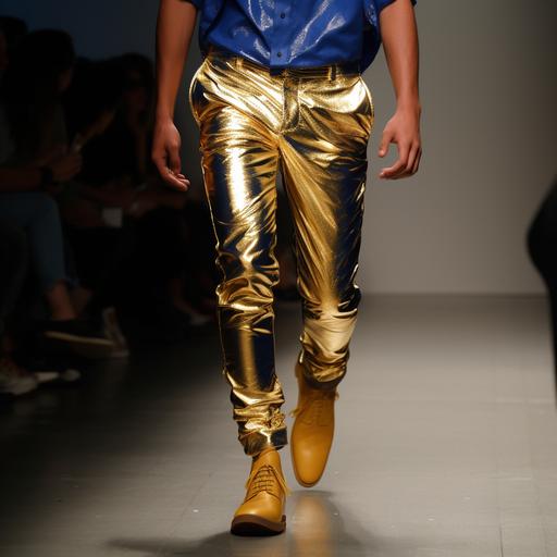 nyfw. preppy blue shark gold trousers. --q 1 --v 5