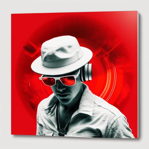 Dj with white hat, red lens glasses, t-shirt