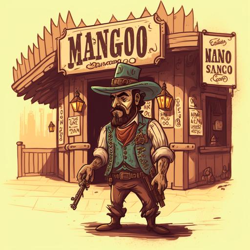 Django sketch cartoon style angry sheriff with beard and shotgun outside saloon with the word Magic on the saloon sign