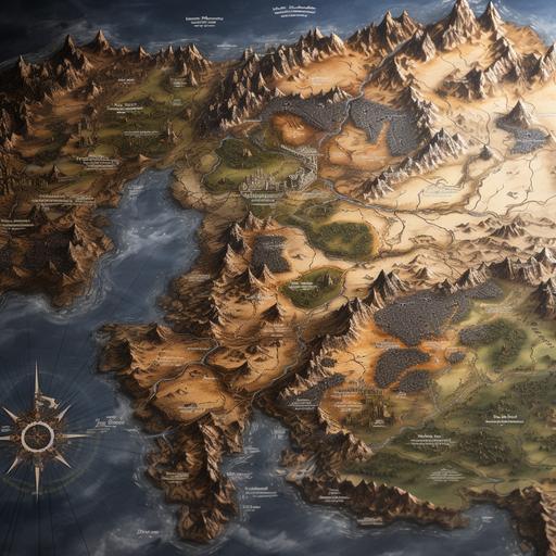 DnD inspired world map, details: aged, gothic border framing the map, topographical, 1440x1000 px