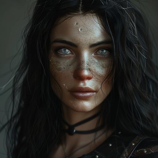 Dnd Character, Sea Elf, Black long haired woman, white tatoo on her face, gray eyes, light scars on one side of her face, unreal engine, wearing leather outfit