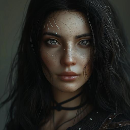 Dnd Character, Sea Elf, Black long haired woman, white tatoo on her face, gray eyes, light scars on one side of her face, unreal engine, wearing leather outfit --v 6.0