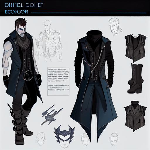 Design a concept for a male devil hunter's outfit in a modern setting, with a focus on creating a detailed and visually striking ensemble that is inspired by Gothic aesthetic and includes blues for contrast. The outfit should consist of a military styled sleeveless trench coat and boots, and should be designed to be practical and functional while also being fashionable and stylish. The sleeveless trench coat should be made of a dark green, sturdy material and should be styled in a military fashion, with details and accents that showcase the character's prowess as a hunter of demons, and should be sleeveless to allow for ease of movement. The boots should be made of leather, with a gothic-inspired design and a sturdy sole. The character should be posed naturally, with an air of confidence and determination, and the outfit should be designed to be masculine and rugged. Consider the cultural and historical context of Gothic fashion and aesthetics when designing the outfit, and think about how the character's appearance and attire might reflect their role as a hunter of devils while also being modern and contemporary. As this is for a AAA video game, the final design should be of high quality and visually impressive, with a level of detail that sets it apart from other characters in the game. The final artwork should include clear and detailed renderings of each item of clothing, as well as a head-to-toe depiction of the character wearing the complete outfit --q 2 --upbeta --v 4