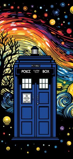 Doctor Who TARDIS in a rainbow starry night , squeegee dripping colored ink, logo sticker, black background --ar 18:39