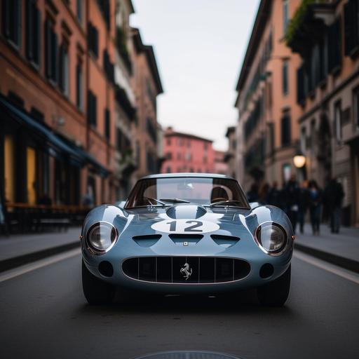 /Documentary Photography, focus on a ferrari 250 gto in light metallic blue in the middle of a street in milan, very symetrical view, studio lighting, soft atmospheric perspective, symmetry and balance, detailed texture, insane detail, real photography fujifilm superia, shot by Leica M10 F1.2 ISO100 35mm --style raw --chaos 20 --ar 1:1 --v 6.0 --s 50