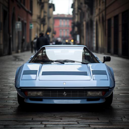 Documentary Photography, focus on a ferrari 308 in light metallic blue in the middle of a street in milan, very symetrical view, studio lighting, soft atmospheric perspective, symmetry and balance, detailed texture, insane detail, real photography fujifilm superia, shot by Leica M10 F1.2 ISO100 35mm --style raw --chaos 20 --ar 1:1 --v 6.0 --s 50