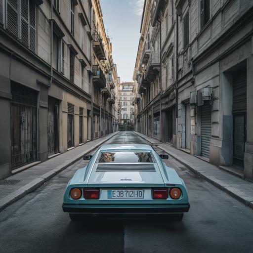 Documentary Photography, focus on a ferrari 308 in light metallic blue in the middle of a street in milan, very symetrical view, studio lighting, soft atmospheric perspective, symmetry and balance, detailed texture, insane detail, real photography fujifilm superia, shot by Leica M10 F1.2 ISO100 35mm --style raw --chaos 20 --ar 1:1 --v 6.0 --s 50