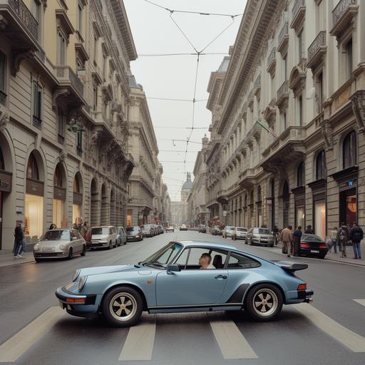 Documentary Photography, focus on a futuristic styled porsche 911 in light metallic blue in the middle of a street in milan, very symetrical view from the side, studio lighting, soft atmospheric perspective, symmetry and balance, detailed texture, insane detail, real photography fujifilm superia, shot by Leica M10, F1.2, ISO100, 35mm --style raw --chaos 20 --ar 1:1 --v 6.0 --s 50