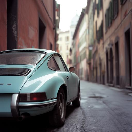 Documentary Photography, focus on a futuristic styled porsche 911 in light metallic blue in the middle of a street in milan, very symetrical view from the side, studio lighting, soft atmospheric perspective, symmetry and balance, detailed texture, insane detail, real photography fujifilm superia, shot by Leica M10, F1.2, ISO100, 35mm --style raw --chaos 20 --ar 1:1 --v 6.0 --s 50