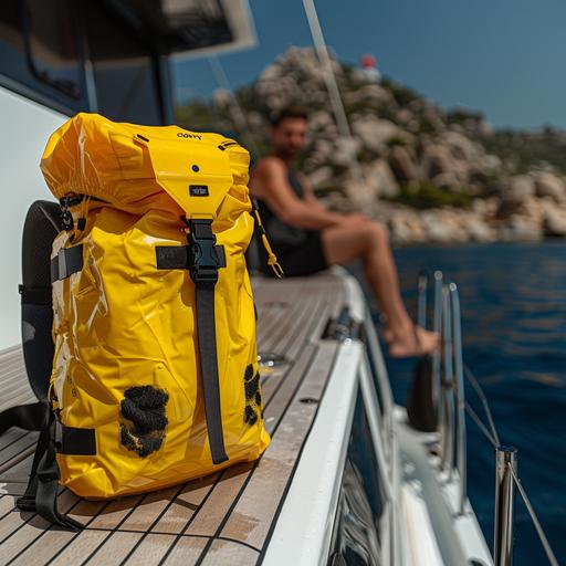 Documentary photography, focus on a yellow waterproof backpack on a yacht, on the background a man sit on the deck looking at the horizon, coastal view, clear water, candid shot, sunny day, matte mutted colors, studio lighting, very symetrical view, symmetry and balance, detailed texture, insane detail, 50mm, F 2.0, shot on Sony α7R IV, 4k --no shade --chaos 20 --style raw --stylize 250 --v 6.0
