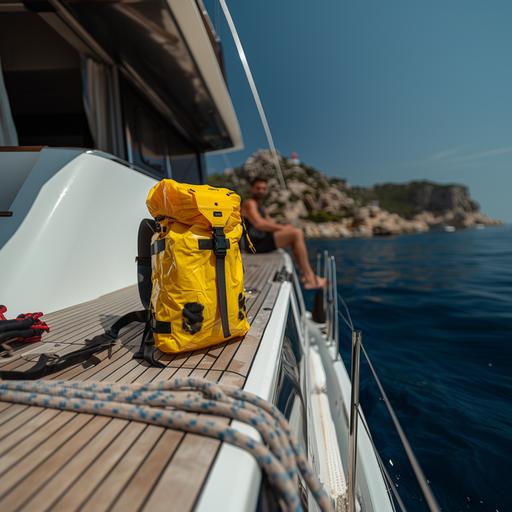 Documentary photography, focus on a yellow waterproof backpack on a yacht, on the background a man sit on the deck looking at the horizon, coastal view, clear water, candid shot, sunny day, matte mutted colors, studio lighting, very symetrical view, symmetry and balance, detailed texture, insane detail, 50mm, F 2.0, shot on Sony α7R IV, 4k --no shade --chaos 20 --style raw --stylize 250 --v 6.0