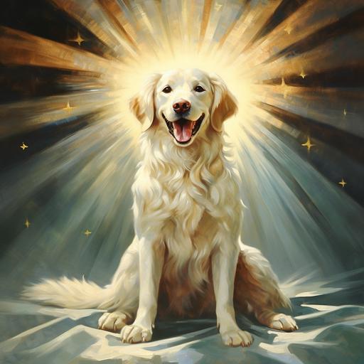 Dog as the Angel of Christmas, Art Deco style of painting, bright