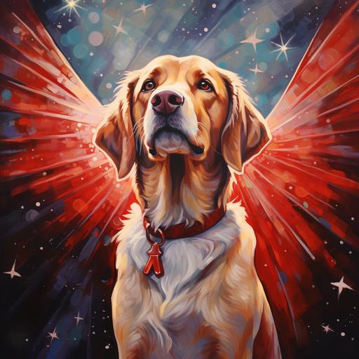 Dog as the Angel of Christmas, Art Deco style of painting, bright