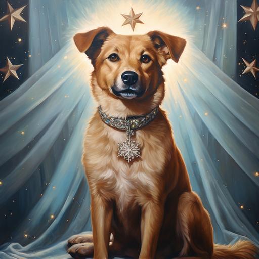 Dog as the Angel of Christmas, Art Deco style of painting, bright