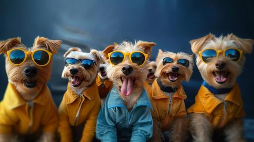 Dogs smiling very happy, some of the dogs are wearing sunglasses, they are wearing yellow and navy blue clothes, the background is navy blue color, --ar 16:9 --v 6.0 --s 750