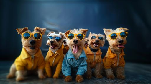 Dogs smiling very happy, some of the dogs are wearing sunglasses, they are wearing yellow and navy blue clothes, the background is navy blue color, --v 6.0 --s 750 --ar 16:9