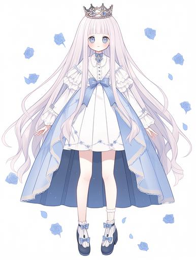 Doll clothing design drawing, blue and white color princess dress, flower headpiece, white with blue cape, stockings and shoes, white background. --ar 3:4 --chaos 6 --s 10 --niji 5