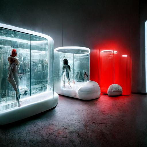 interior environment, glass boxes with women mannequin inside, neon white spotlight, red pouf, photorealistic, white, light, creepy, futuristic, dystopian, dramatic