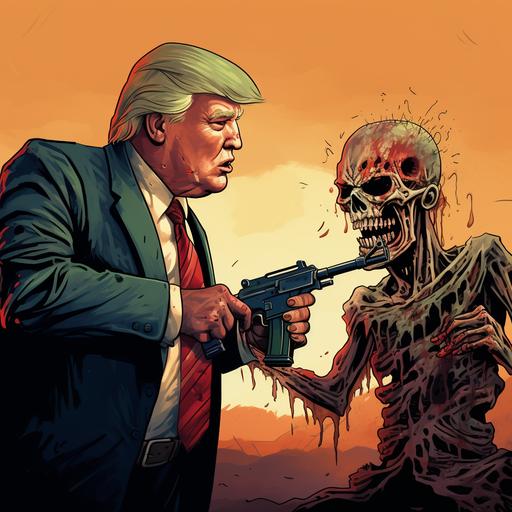 Donald Trump facing off a zombie with a shotgun, Maoist style, cartoon, hopeful.