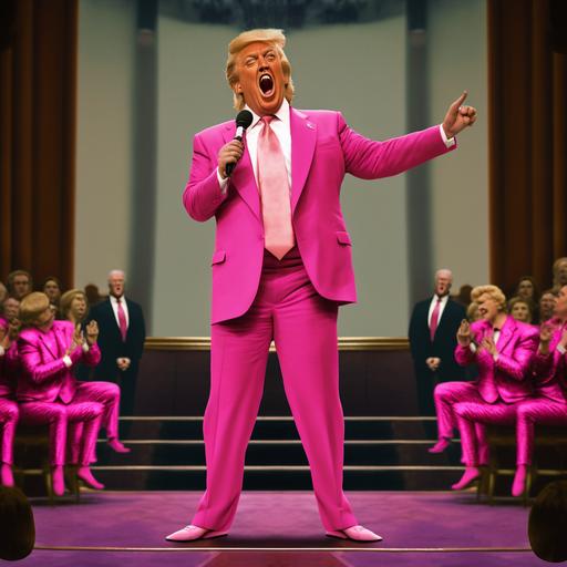 Donald Trump singing the Dancing Queen Abba style 70s high heels no audience empty stage pink suit wide trowsers