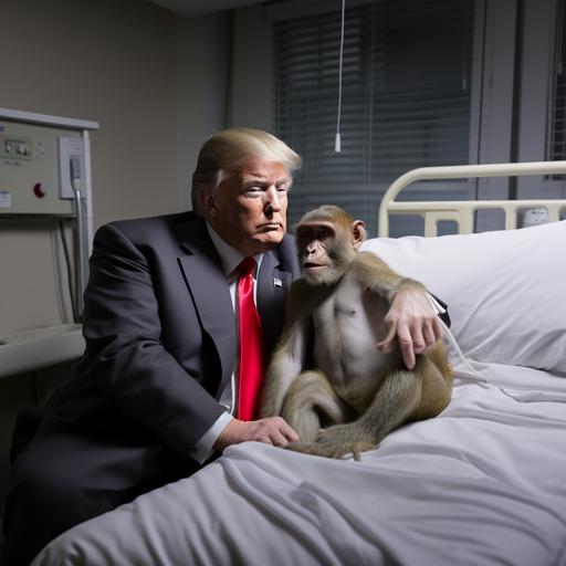 Donald Trump, sitting at the bedside of a monkey, the monkey is in a hospital bed with an IV attached to him, in a hospital, Donald Trump has his hand on the bed, and he looks sad, the monkey is asleep