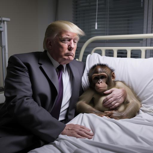 Donald Trump, sitting at the bedside of a monkey, the monkey is in a hospital bed with an IV attached to him, in a hospital, Donald Trump has his hand on the bed, and he looks sad, the monkey is asleep