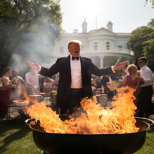 Donald Trump using liquid smoke and mirrors at his backyard bbq at the white house, large crowd looking disgusted