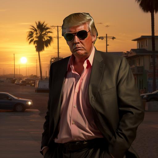 Donald trump as an LA thug in the venice beach sunset, Hiper realistic, HD, Cinematic, Epic, Dramatic