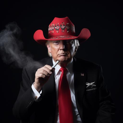 Donald trump wearing a bandana with the Texas tech university logo on it smoking a cigar