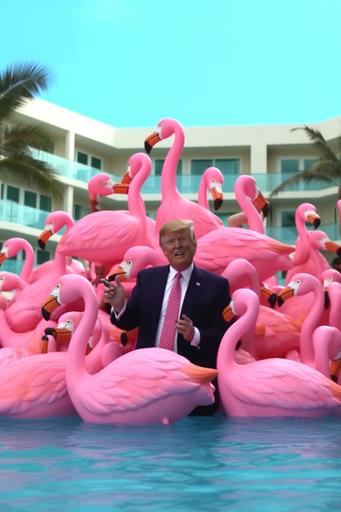 Donald trump with a pink flamingo inflatable float inside pool, pool party, many girls in pool, crazy party, HD --ar 2:3 --upbeta --q 2 --s 750 --v 5.1 --style raw