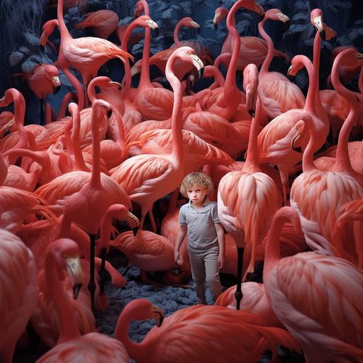 a child has fallen into the flamingo habitat and is being surrounded by flamingo-raptors