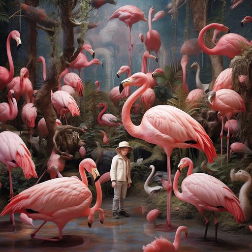 a child has fallen into the flamingo habitat and is being surrounded by flamingo-raptors