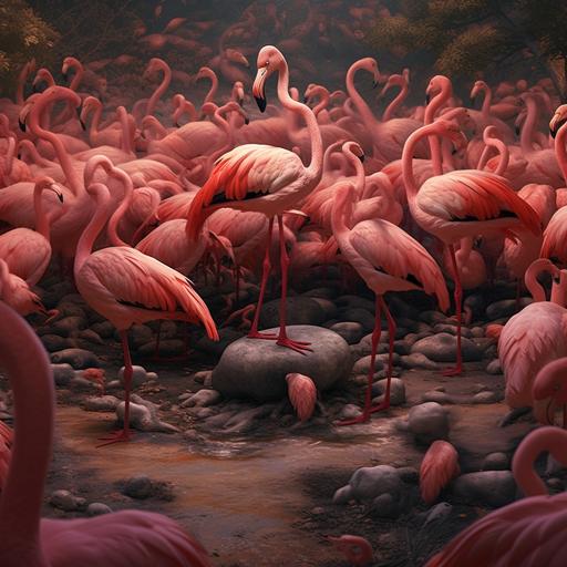 a child has fallen into the flamingo habitat and is being surrounded by flamingo-raptors