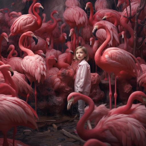 a child has fallen into the flamingo habitat and is being surrounded by flamingo-raptors