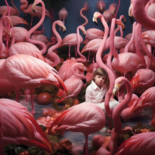 a child has fallen into the flamingo habitat and is being surrounded by flamingo-raptors