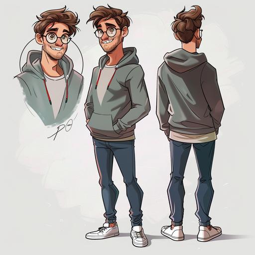 Doodle In the form of a cute comic book drawing, a 30 years old man wearing round glass,blue jeans and ,gray hoodie which has different color in different part one of the sleeves are red dark another one is dark green ,white sneakers and he is smiling , very cute, He has a white skin,dark brown eyes and hair,no Beard,no moustache Kinda look like harry potter --v 6.0