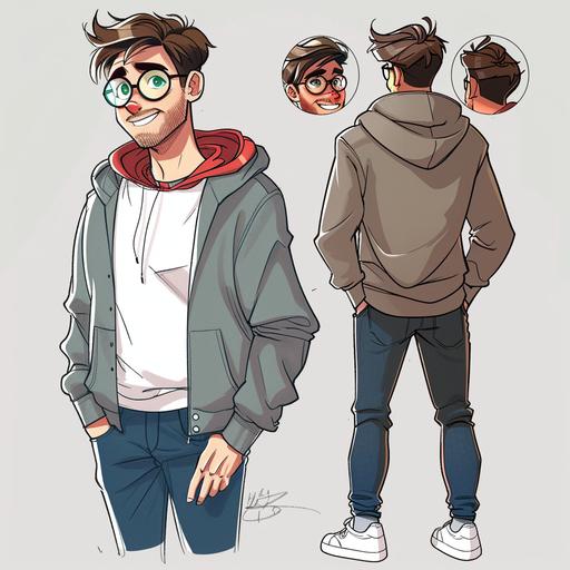 Doodle In the form of a cute comic book drawing, a 30 years old man wearing round glass,blue jeans and ,gray hoodie which has different color in different part one of the sleeves are red dark another one is dark green ,white sneakers and he is smiling , very cute, He has a white skin,dark brown eyes and hair,no Beard,no moustache Kinda look like harry potter --v 6.0