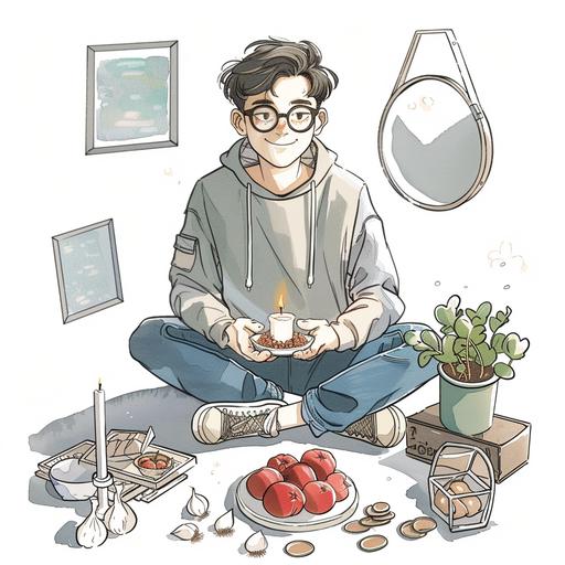 Doodle like comic books of setting up a compact arrangement with items like a mirror (for reflection), candles (for light), sprouts (for growth), and perhaps a small goldfish bowl (for life),plate of garlic,plate of red apples,plate of coins and a 30 years old man wearing round glasses on his eye,blue jeans and ,gray hoodie ,white sneakers and he is smiling , very cute,He has a white skin,dark brown eyes and hair,no Beard,no moustache, with smile