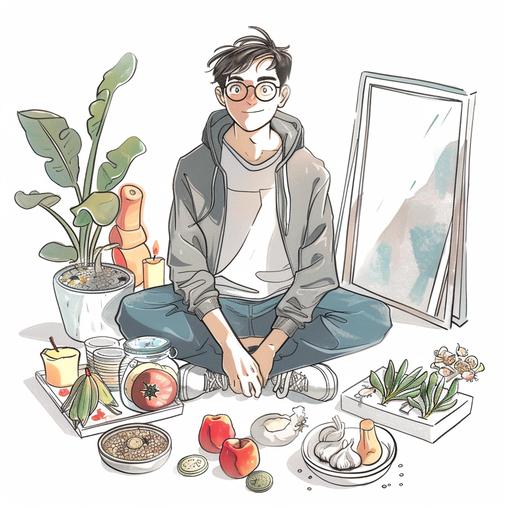 Doodle like comic books of setting up a compact arrangement with items like a mirror (for reflection), candles (for light), sprouts (for growth), and perhaps a small goldfish bowl (for life),plate of garlic,plate of red apples,plate of coins and a 30 years old man wearing round glasses on his eye,blue jeans and ,gray hoodie ,white sneakers and he is smiling , very cute,He has a white skin,dark brown eyes and hair,no Beard,no moustache, with smile