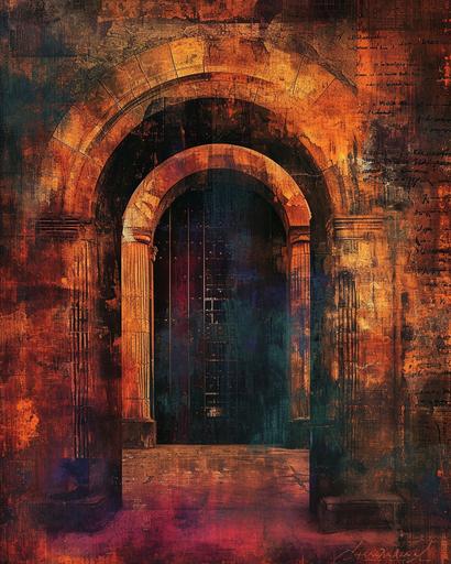 Door to the Soul. Design a combined batik with Pendleton Mixed Media Collage exploring the concept of a mystical gate leading to otherworldly realms. Incorporate vintage photographs, handwritten letters, and abstract elements. Use double exposure, multiple exposure, long exposure photography to blend these elements seamlessly. Imagined by M A Aguilar, MegUSN1 --stylize 250 --c 10 --ar 8:10 --v 6.0 --style raw